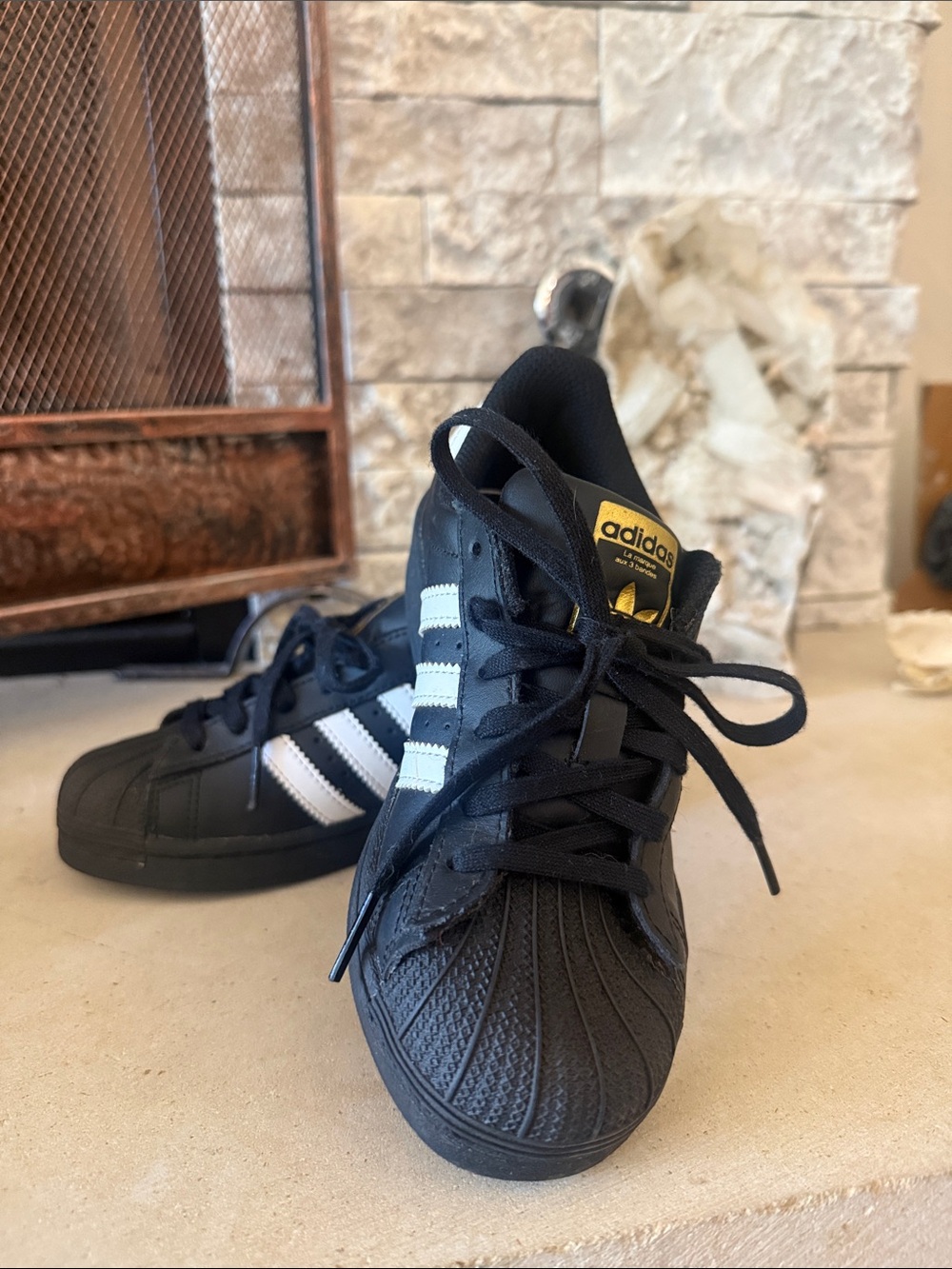 adidas Kids Black & White Superstar Sneakers with Gold Logo
